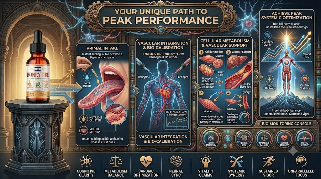Illustrated graphic titled Your Unique Path to Peak Performance showing a dropper bottle, mouth, body and metabolism panels